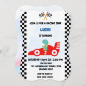 誕生日恐竜のレースカーボーイレッドレーシングキッズナム 招待状 (正面/裏面)