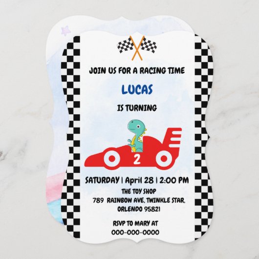 誕生日恐竜のレースカーボーイレッドレーシングキッズナム 招待状 (正面/裏面)