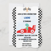 誕生日恐竜のレースカーボーイレッドレーシングキッズナム 招待状 (正面)