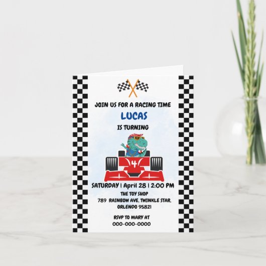 誕生日恐竜のレースカーボーイレッドレーシングキッズナム 招待状 (正面)