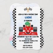 誕生日恐竜のレースカーボーイレッドレーシングキッズナム 招待状 (正面/裏面)