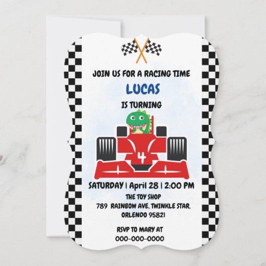誕生日恐竜のレースカーボーイレッドレーシングキッズナム 招待状 (正面)