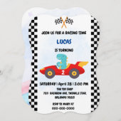 誕生日恐竜のレースカーボーイレッドレーシングキッズナム 招待状 (正面/裏面)