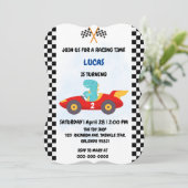 誕生日恐竜のレースカーボーイレッドレーシングキッズナム 招待状 (スタンド正面)