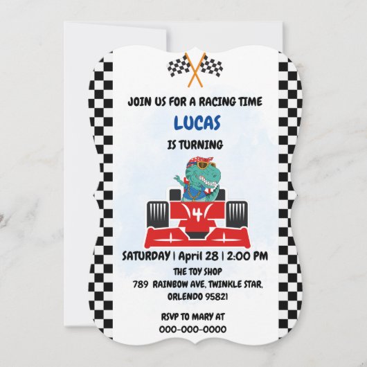 誕生日恐竜のレースカーボーイレッドレーシングキッズナム 招待状 (正面)