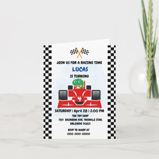 誕生日恐竜のレースカーボーイレッドレーシングキッズナム 招待状 (正面)