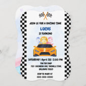 誕生日恐竜のレースカーボーイレッドレーシングキッズナム 招待状 (正面/裏面)