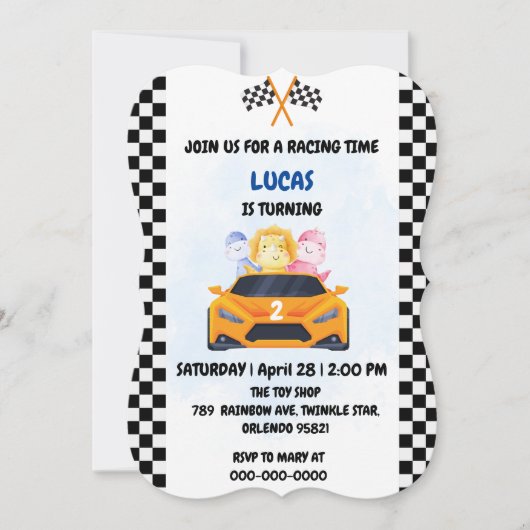 誕生日恐竜のレースカーボーイレッドレーシングキッズナム 招待状 (正面)