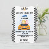 誕生日恐竜のレースカーボーイレッドレーシングキッズナム 招待状 (スタンド正面)