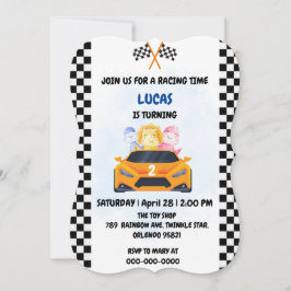 誕生日恐竜のレースカーボーイレッドレーシングキッズナム 招待状