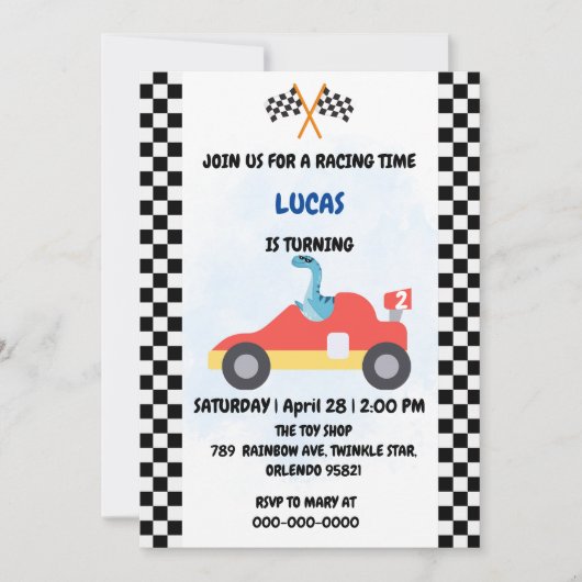 誕生日恐竜のレースカーボーイレッドレーシングキッズナム 招待状 (正面)