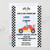 誕生日恐竜のレースカーボーイレッドレーシングキッズナム 招待状 (正面/裏面)