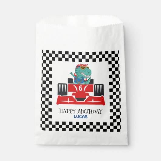 誕生日恐竜のレースカー赤い男の子の名前 フェイバーバッグ (正面)