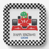 誕生日恐竜のレースカー赤い男の子の名前 ペーパープレート (正面)