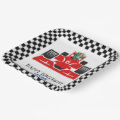 誕生日恐竜のレースカー赤い男の子の名前 ペーパープレート (傾斜あり)