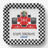 誕生日恐竜のレースカー赤い男の子の名前 ペーパープレート (正面)
