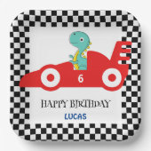 誕生日恐竜のレースカー赤い男の子の名前 ペーパープレート (正面)