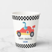 誕生日恐竜のレースカー赤い男の子の名前 紙コップ (正面)