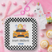 誕生日恐竜のレースカー黄色の少年の子供の名前 ペーパープレート (パーティー)