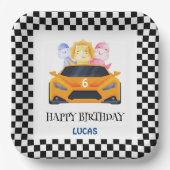 誕生日恐竜のレースカー黄色の少年の子供の名前 ペーパープレート (正面)