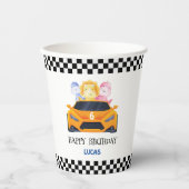 誕生日恐竜のレースカー黄色の少年の子供の名前 紙コップ (正面)