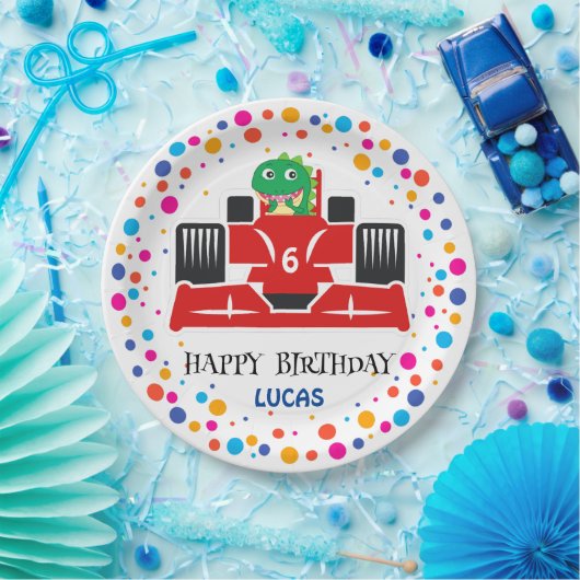 誕生日恐竜のレース車の少年の赤いレースの子供の名前 ペーパープレート (パーティー)
