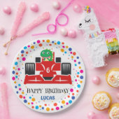 誕生日恐竜のレース車の少年の赤いレースの子供の名前 ペーパープレート (パーティー)