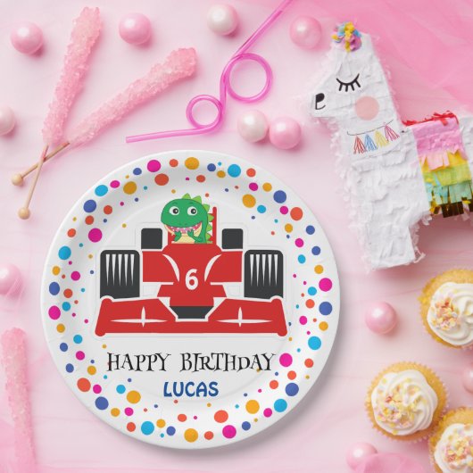 誕生日恐竜のレース車の少年の赤いレースの子供の名前 ペーパープレート (パーティー)