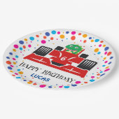 誕生日恐竜のレース車の少年の赤いレースの子供の名前 ペーパープレート (アングル)