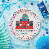 誕生日恐竜のレース車の少年の赤いレースの子供の名前 ペーパープレート (パーティー)