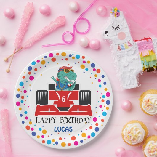 誕生日恐竜のレース車の少年の赤いレースの子供の名前 ペーパープレート (パーティー)