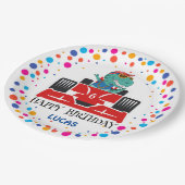 誕生日恐竜のレース車の少年の赤いレースの子供の名前 ペーパープレート (アングル)