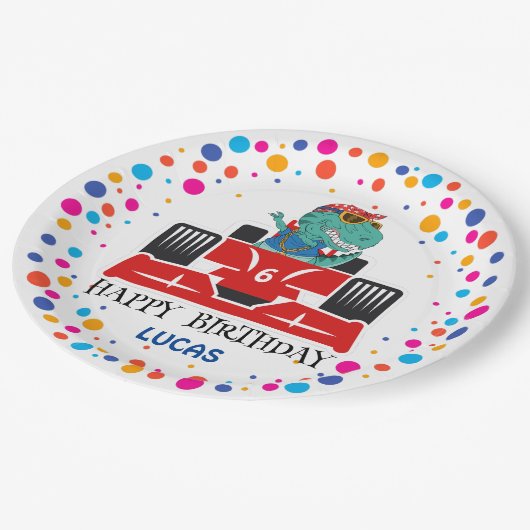 誕生日恐竜のレース車の少年の赤いレースの子供の名前 ペーパープレート (アングル)