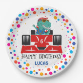 誕生日恐竜のレース車の少年の赤いレースの子供の名前 ペーパープレート (正面)