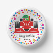 誕生日恐竜のレース車の少年の赤いレースの子供の名前 ペーパーボウル (正面)
