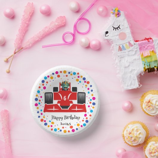 誕生日恐竜のレース車の少年の赤いレースの子供の名前 ペーパーボウル (パーティー)