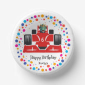 誕生日恐竜のレース車の少年の赤いレースの子供の名前 ペーパーボウル (正面)