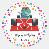 誕生日恐竜のレース車の少年の赤いレースの子供の名前 ラウンドシール (正面)
