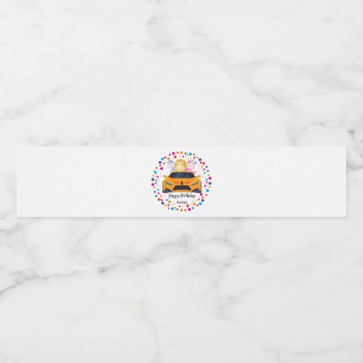 誕生日恐竜のレース車の少年イエローレース名 ペットボトルラベル (シングルラベル)