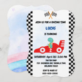 誕生日恐竜レースカー少年赤レース子供名前 招待状 (正面/裏面)