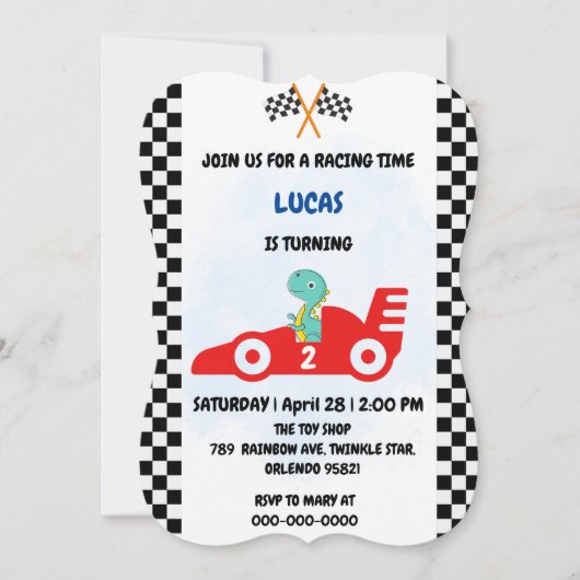 誕生日恐竜レースカー少年赤レース子供名前 招待状 (正面)