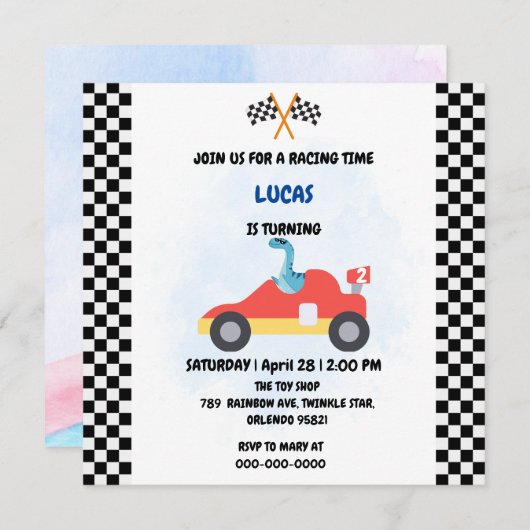 誕生日恐竜レースカー男子赤レース子供名前 (正面/裏面)