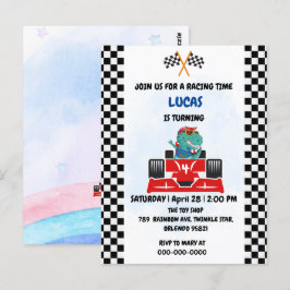 誕生日恐竜レースカー男子赤レース子供名前 ポストカード