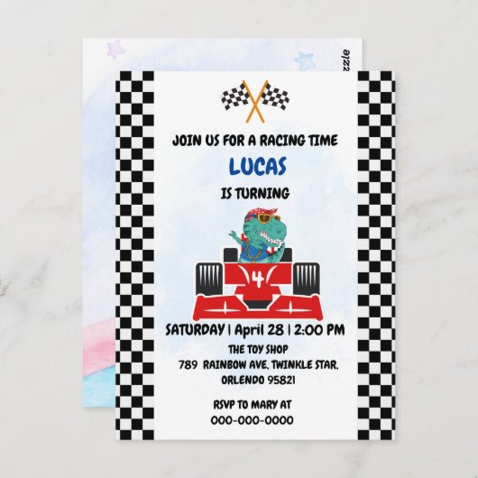 誕生日恐竜レースカー男子赤レース子供名前 ポストカード (正面/裏面)