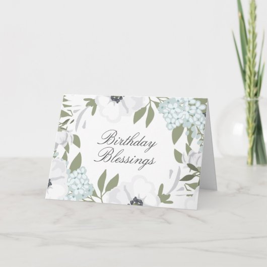 誕生日恵みホワイト&ブルーウォーター色フローラ カード (正面)
