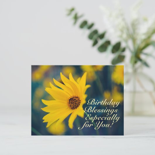 誕生日恵み祈りの言葉イエローワイルドフラワー ポストカード (スタンド正面)
