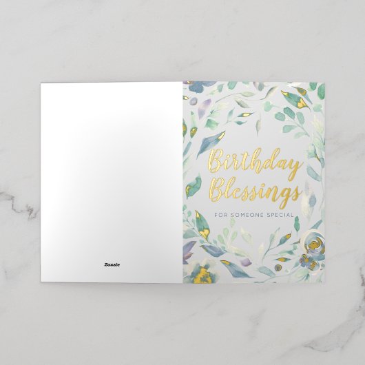 誕生日恵み紫色の水カラーフローラ金ゴールド 箔グリーティングカード (外側レイダウン)