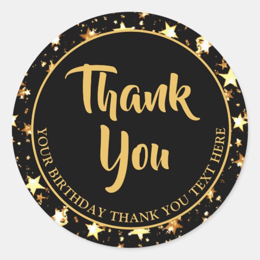 誕生日感謝祭 ブラック ゴールド スター ブラシスクリプト ラウンドシール (正面)