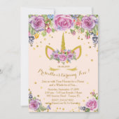 誕生日招待少女,ユニコーン,花,ピンク 招待状 (正面)