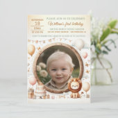 誕生日招待状とライオンの子と写真のフレーム 招待状 (スタンド正面)